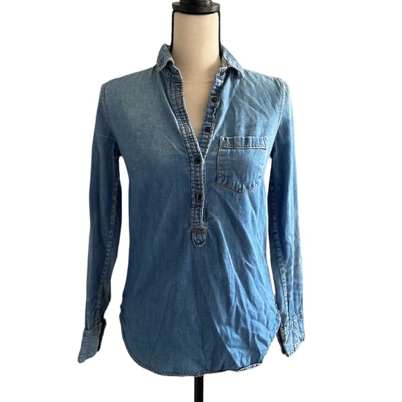 J. Crew Tops - J CREW Denim Henley Style Women’s Long Sleeve Blue Jean Blouse size 00